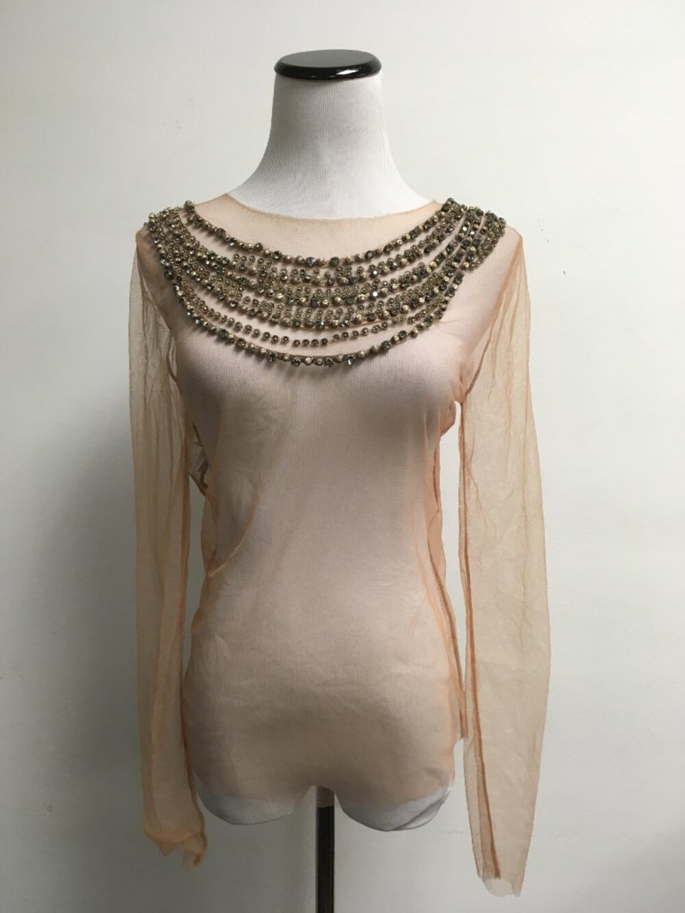 Alberta Ferretti mesh sheer beaded top nude stretch 4
